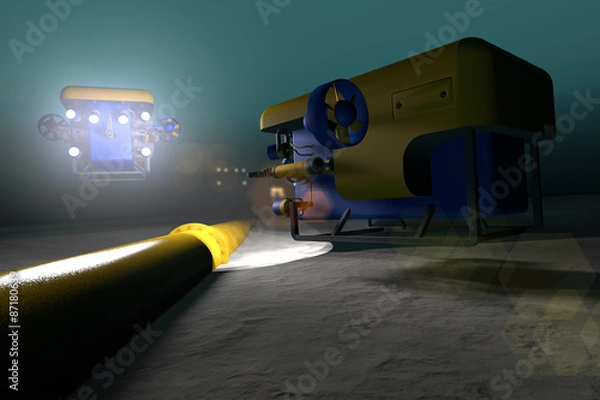 Fototapeta Wysokiej jakości renderowanie 3D dwóch podwodnych pojazdów ROV przeprowadzających inspekcję rurociągu podmorskiego głęboko pod wodą. Fikcyjny ROV to wyjątkowy projekt, stworzony i modelowany w całości przeze mnie. Mętna woda dla podkreślenia głębi.