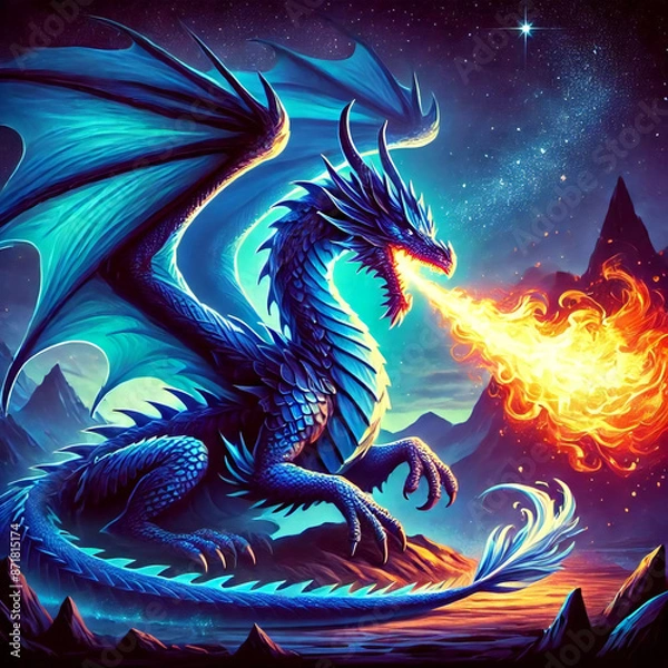 Fototapeta 火を吐く青いドラゴン[GenerativeAI]