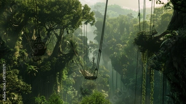 Obraz A rainforest with vines that act as swings, transporting people from tree to tree. 