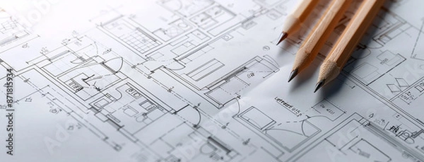 Fototapeta detailed closeup wide horizontal photo of yellow color drawing pencils on a architectural layout plan blueprint drawing on a table 