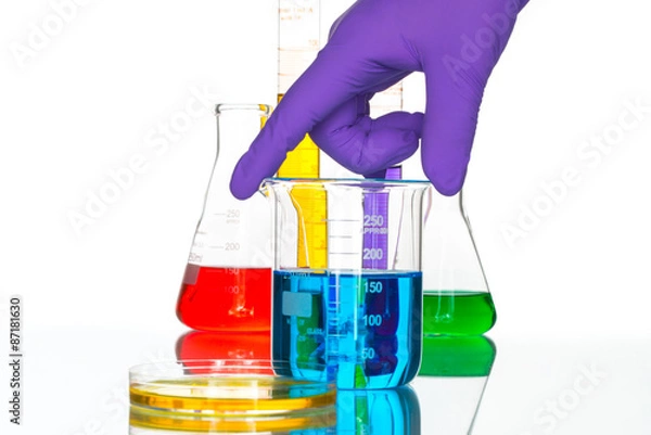 Fototapeta science Laboratory glassware pipette drop, reflective white back