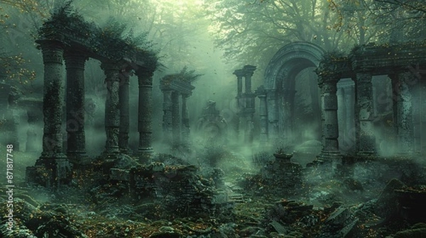 Fototapeta Ancient stone columns in a foggy forest.