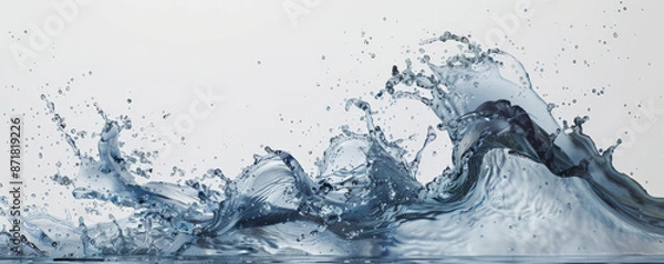 Fototapeta A swirling wave of water captured mid-splash, with droplets radiating outwards, set against a plain white background. The image highlights the elegance and energy of water.