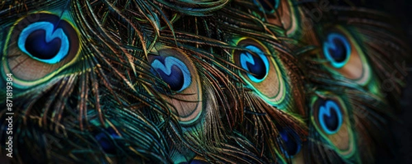Fototapeta An artistic arrangement of peacock feathers with their iridescent blue and green eyespots, set against a dark background. The rich colors and intricate details create a captivating scene.