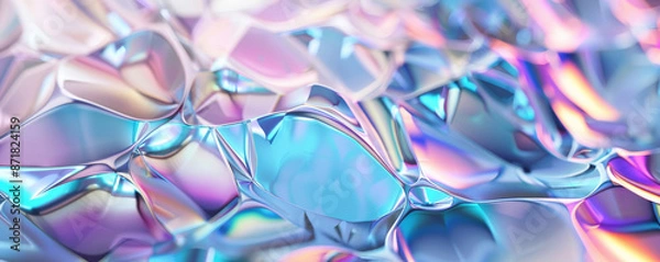 Obraz Abstract iridescent background design, 3d render, featuring a crystalline, lattice structure. The iridescent surfaces catch the light, creating a stunning interplay of shifting colors and reflections.