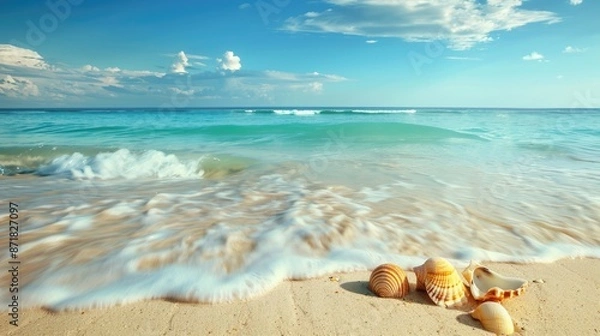 Fototapeta A serene beach with seashells and ample space for text.