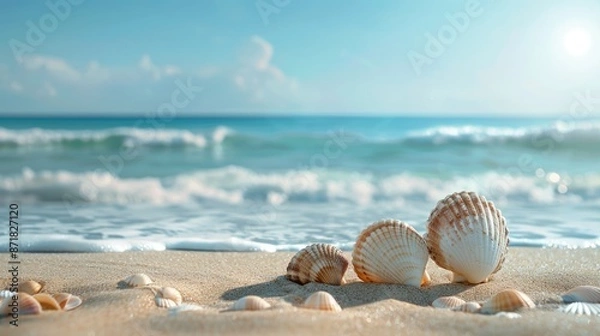 Fototapeta A serene beach with seashells and ample space for text.