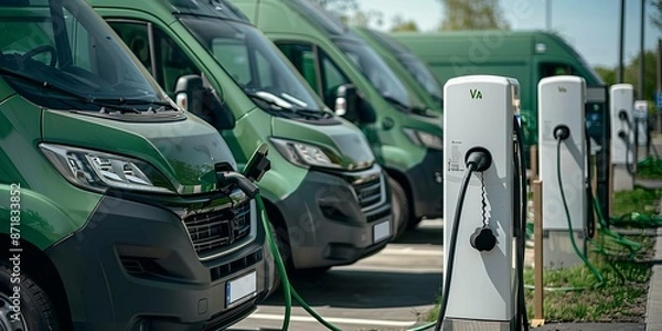 Fototapeta Electric vehicle charging station in front of a row of vans. Green transportation concept.