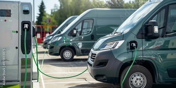 Fototapeta Electric vehicle charging station in front of a row of vans. Green transportation concept.