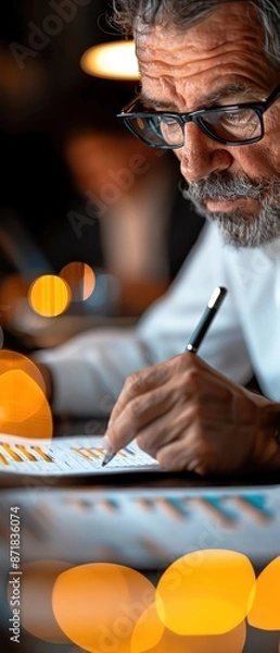 Fototapeta Focused businessman with glasses reviewing documents and taking notes, surrounded by warm bokeh lights in a modern office at night.