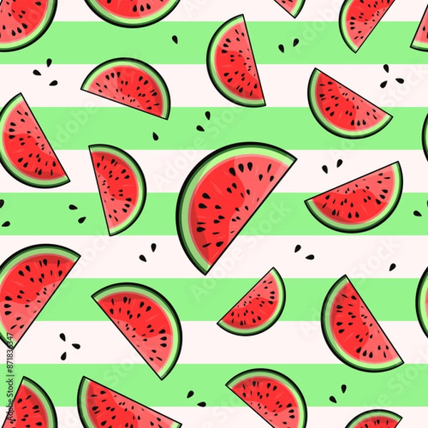 Fototapeta Watermelon vector seamless pattern. Cut slices and seeds on white and green striped background. Best for textile, wallpapers, wrapping paper, package and your design.
