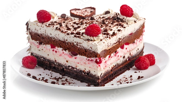 Fototapeta photo of heart shaped cake professional advertising food photography, heart-shaped chocolate cake with smores filling, topped with marshmallows and graham crackers,a piece of chocolate cake with rose
