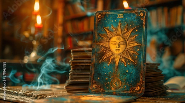 Fototapeta A tarot card vintage design, fortune telling, sun retro engaving, 