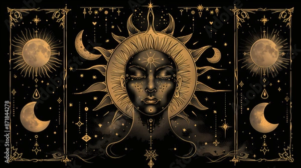 Fototapeta Magical banner for astrology, celestial alchemy. Heavenly art for the zodiac, tarot, device of the universe, crescent moon and a person with a sun around their head 