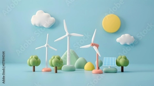 Fototapeta Colorful 3D illustration of renewable energy sources featuring wind turbines, solar panel, trees, clouds, mountain, and sun in a playful setting.