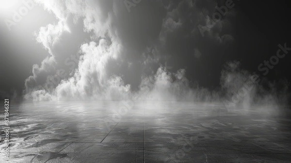Fototapeta A striking image of a cloudy sky casting reflections on a wet, reflective surface, creating a dramatic and moody atmosphere.