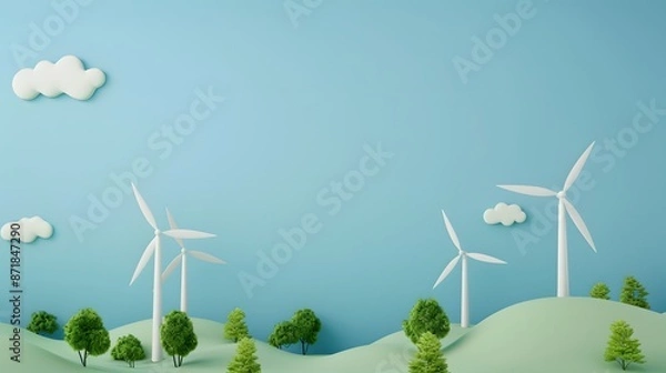 Fototapeta Scenic landscape with wind turbines on hills, green trees, and blue sky with clouds, symbolizing renewable energy and environmental sustainability.
