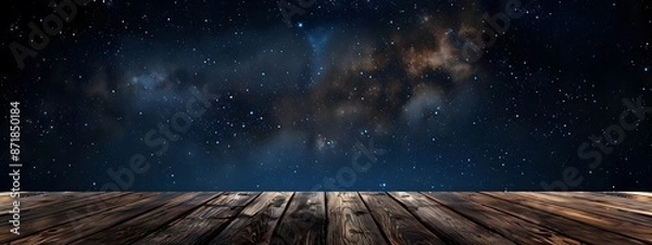 Fototapeta Empty wooden table and cosmos in the background, Copy space.