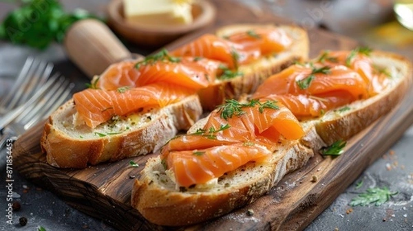 Fototapeta Fresh baguette slices with butter and salmon on wooden board