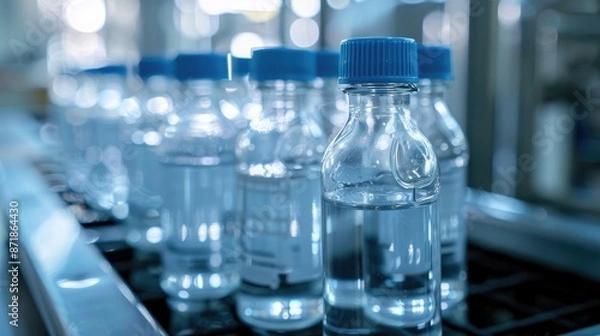 Fototapeta Bottles in plastic container for water testing in France Drinking water examination Blank area