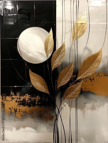 Fototapeta Abstract, Contemporary Fine Art, Gold Leaf Accented, and solid black