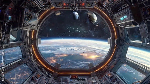 Obraz view window planets space station ship spaceship spacecraft air lock footed shuttle exploration module planet earth globe indoor interior alien rocket satellite.