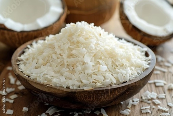 Fototapeta Coconut chips and pulp for sweetening desserts dried and sugar coated