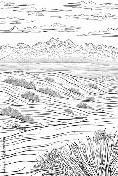 Fototapeta Minimalistic Sandy Desert Background with Hills for Adult Coloring Book Designs