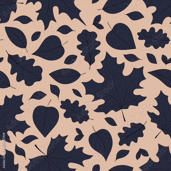 Obraz Elegant seamless pattern with falling leaves, autumn background with leaf silhouettes.