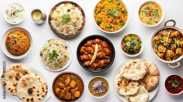 Obraz Top view collection of Indian foods isolated on a white background, including momos, butter chicken curry and rice, samosas, and pani puri
