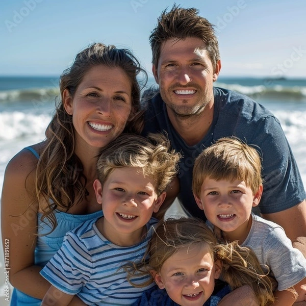 Obraz A family of four, including a man and three children, are posing for a photo on the beach. The family appears to be happy and enjoying their time together