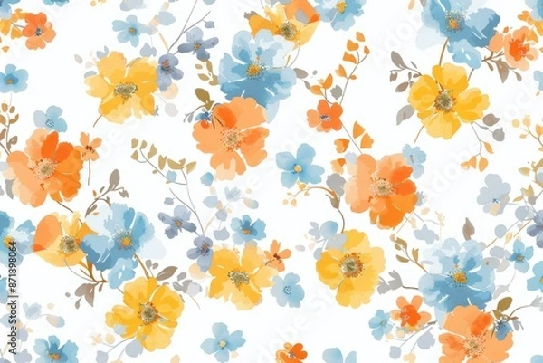 Fototapeta light background adorned with seamless pattern of orange and yellow watercolor flowers