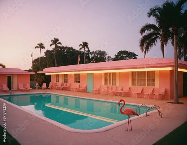 Fototapeta Flamingo by the Poolside at a Retro Pink Motel