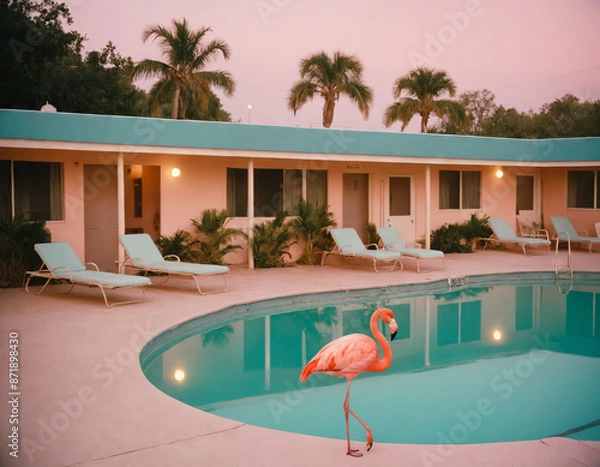 Fototapeta Flamingo by the Poolside at a Retro Motel with Palm Trees