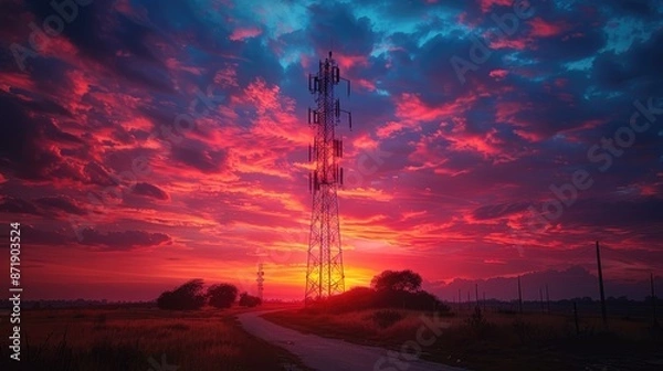 Fototapeta high-voltage power lines at sunset,high voltage electric transmission tower