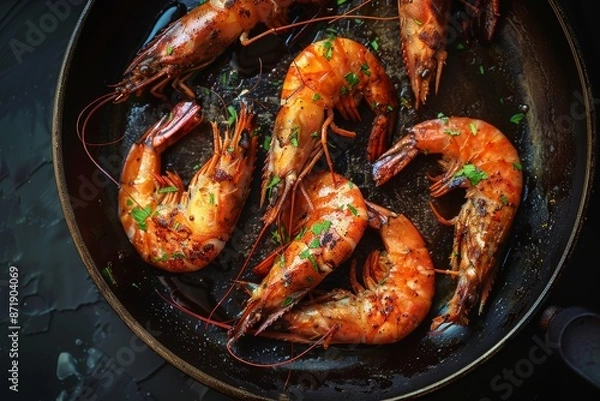 Fototapeta Grilled langoustine shrimp and prawns in a pan top view with black background