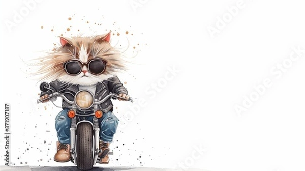 Obraz A cool cat riding a motorcycle on white background in cartoon style, lots of space for text.