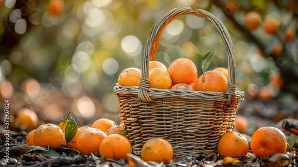 Fototapeta Oranges in a Basket: A basket filled with freshly picked oranges, surrounded by orange trees, showcasing the harvest season.