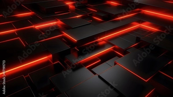 Obraz 
3d rendering of red and black abstract geometric background. Scene for advertising, technology, showcase, banner, game, sport, cosmetic, business, metaverse. Sci-Fi Illustration. Product display