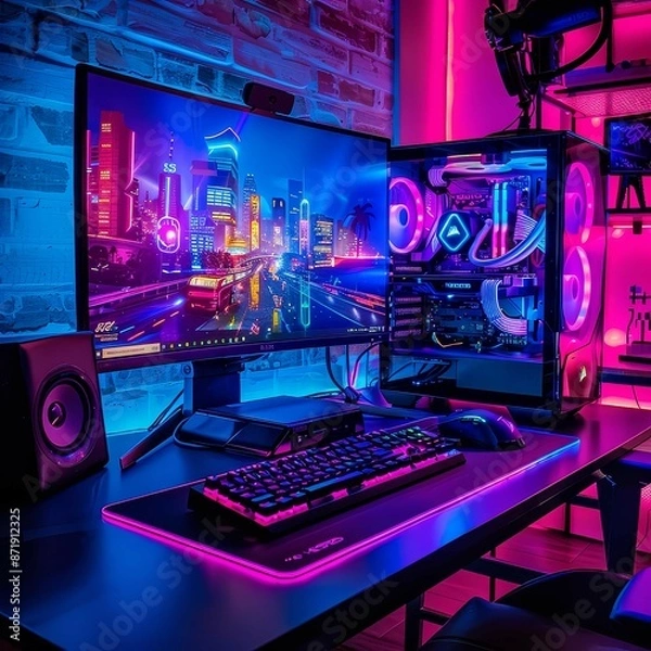 Fototapeta Illuminated Gaming Setup With Neon City Skyline Desktop Background