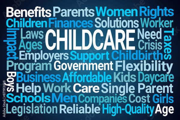 Obraz Childcare Word Cloud on Blue Background