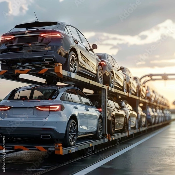 Fototapeta A Multi-Level Car Transporter Hauling New Vehicles Along a Highway at Sunset