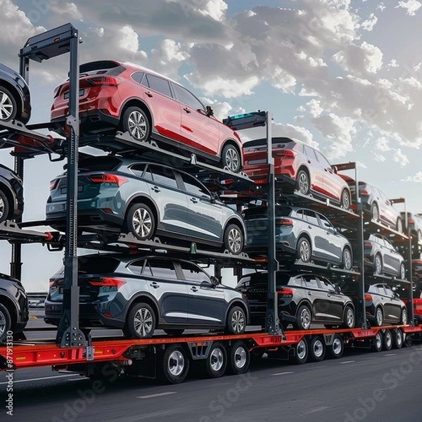 Fototapeta A Multi-Level Car Carrier Transporting New Vehicles on a Highway Under a Cloudy Sky