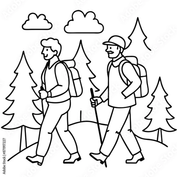 Fototapeta Silhouette sketch of two people walking in the forest, one wearing a hat