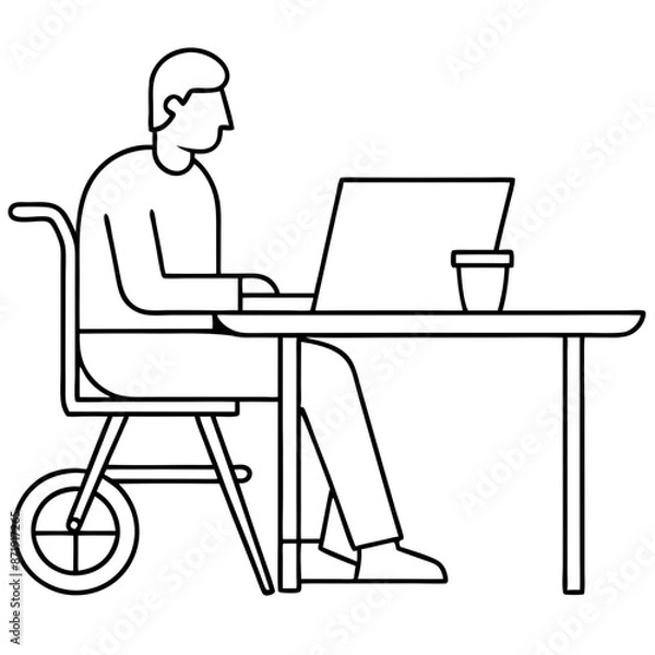 Fototapeta A businessman sitting at a desk working on a laptop in an office illustration