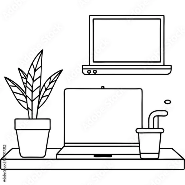 Fototapeta A laptop in a cafe with a cup of coffee or tea, showcasing technology and business tools like a computer, screen, and mobile devices in a modern workspace