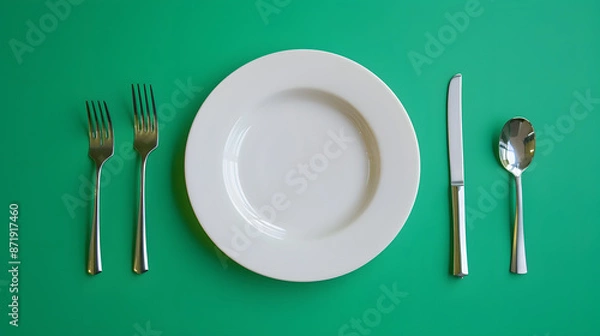 Fototapeta Cutlery, fork, knife, spoon and empty plate on a colored background. AI Generated
