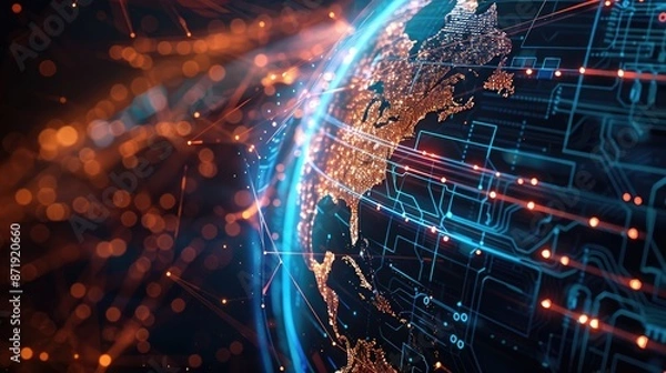 Fototapeta Digital network connections covering the Earth, depicting global communication and data exchange.