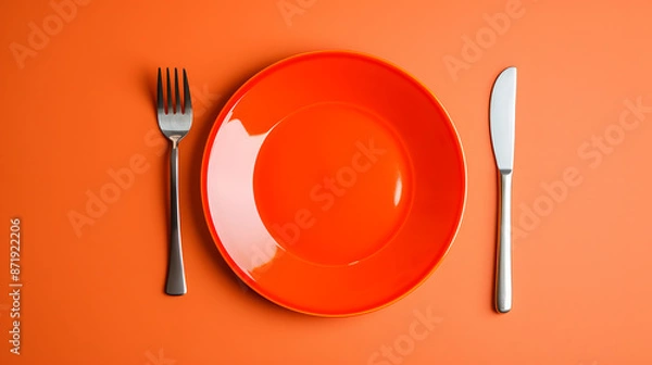 Fototapeta Cutlery, fork, knife, spoon and empty plate on a colored background. AI Generated