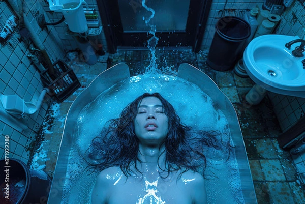 Obraz Un hombre caucásico de pelo largo está acostado con los ojos cerrados en una bañera llena de agua, con un chorro de agua salpicado sobre el. Esta es una imagen generada por la IA.